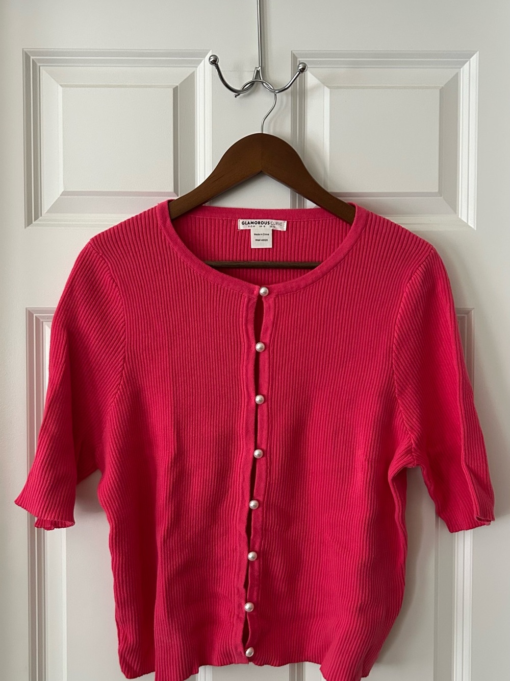 Glamorous Curve Hot Pink Ribbed Cardigan with Pearl Buttons